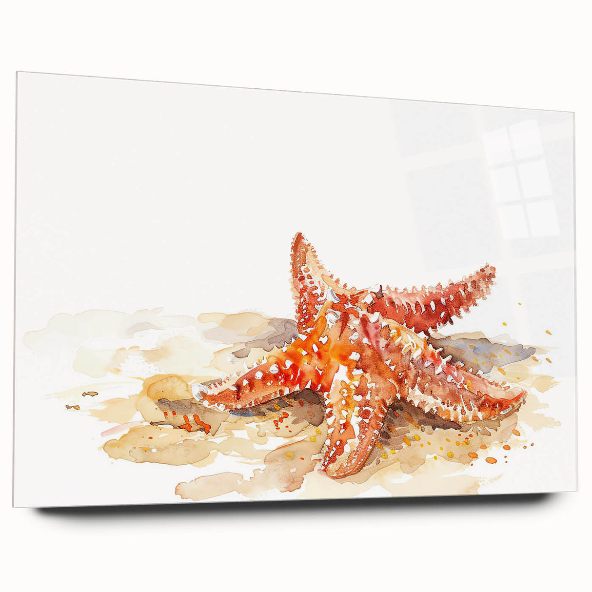 Acrylic wall art collection depicting a vibrant marine life starfish design, showcasing intricate details in bright colors, perfect for coastal-themed decor.
