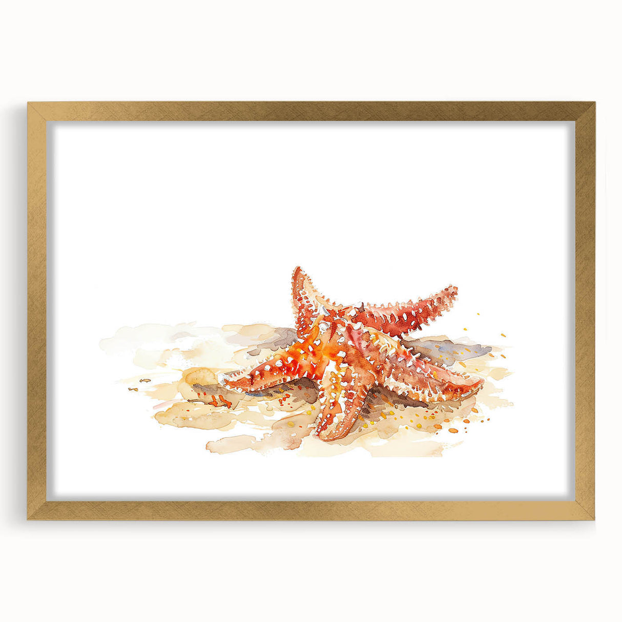 Framed wall art featuring a starfish design in shades of blue and gold, set with a mat and a sleek gold frame, perfect for marine-themed decor.
