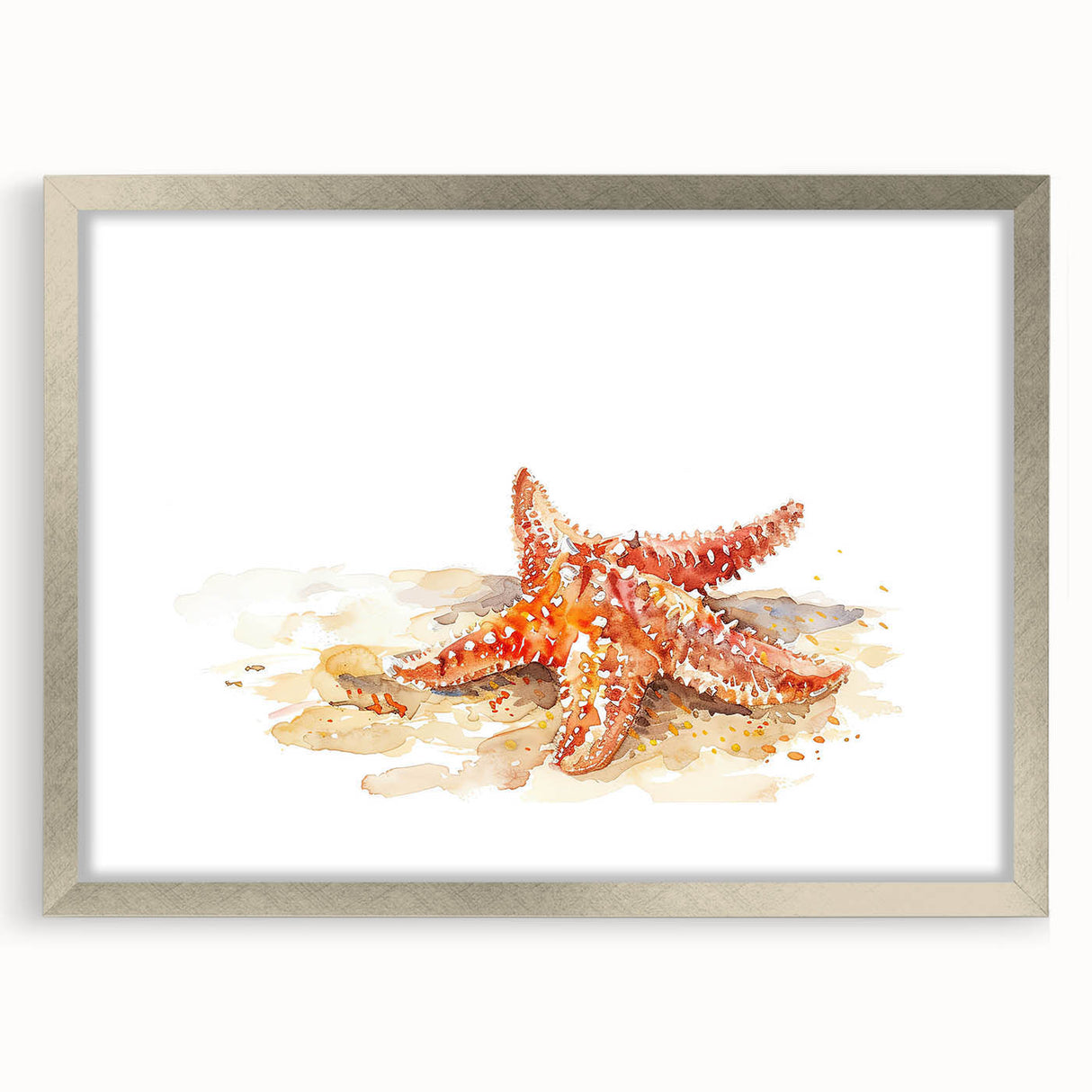 Framed wall art featuring a marine life starfish design, complete with a silver frame and mat, showcasing vibrant colors and intricate details, perfect for ocean-themed decor.