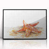 Framed acrylic wall art showcasing a vibrant starfish design in shades of blue and orange, ideal for marine life enthusiasts looking to enhance coastal decor.