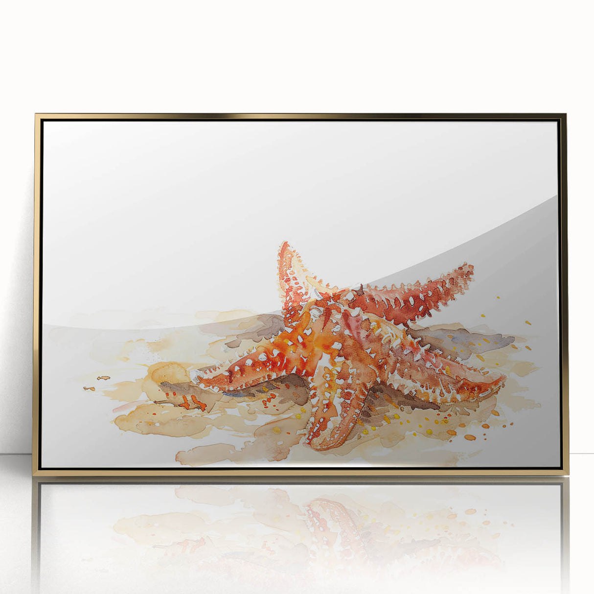 Framed wall art collection featuring a vibrant marine life design with a starfish motif, set in an elegant gold frame, perfect for ocean-themed decor.