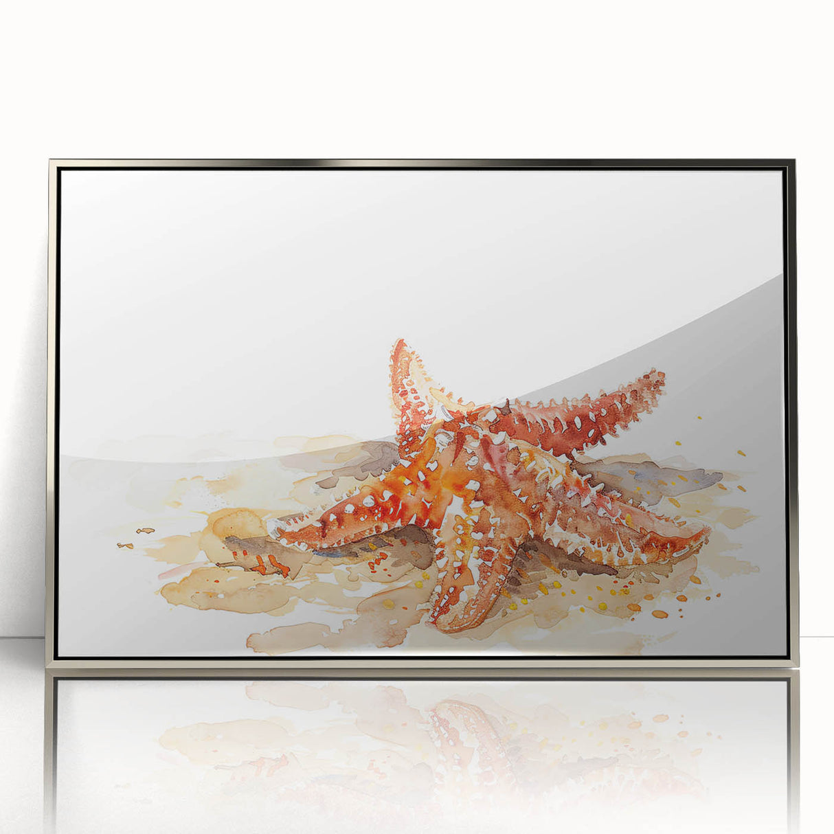 Framed wall art featuring a vibrant starfish design in shades of blue and orange, showcasing marine life, perfect for coastal decor. Silver frame adds elegance.