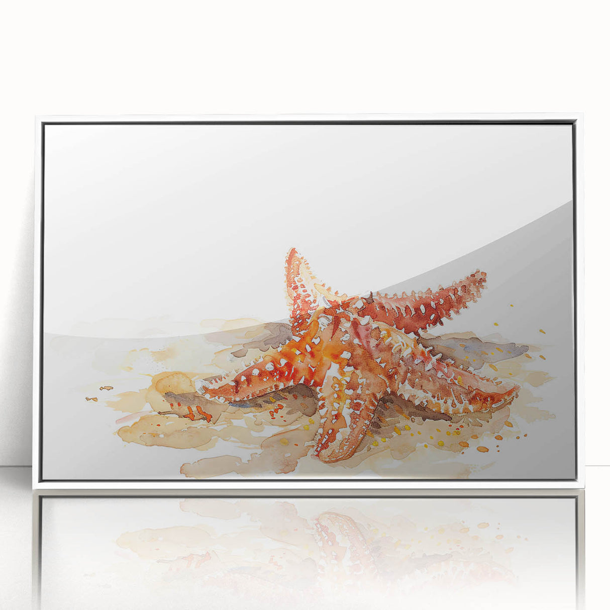 Framed wall art featuring a vibrant marine life starfish design with a white frame, ideal for coastal home decor. Perfect for adding a touch of ocean-inspired elegance to any room.