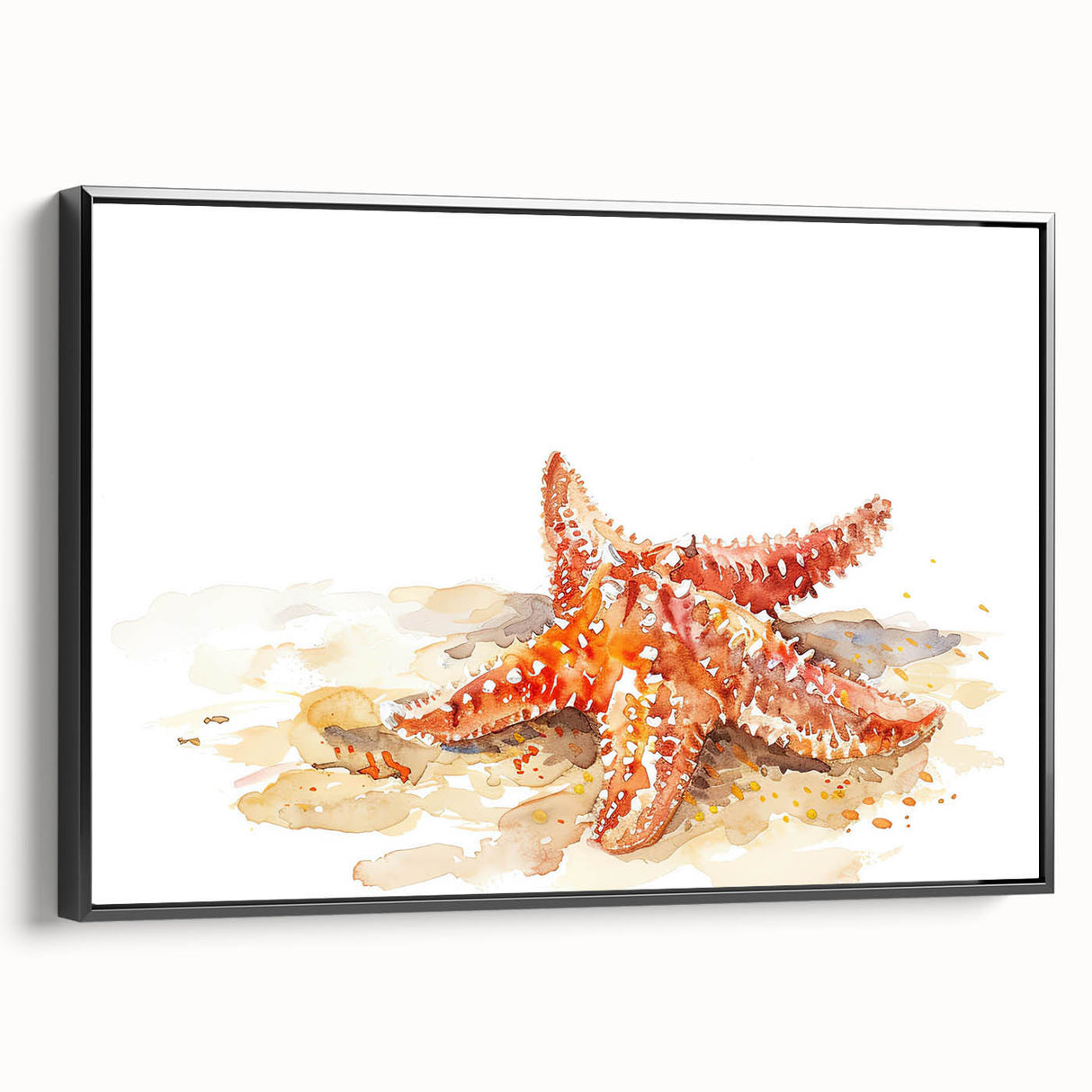 Framed wall art featuring a vibrant starfish design on canvas, showcasing intricate marine life details in a contemporary black frame, ideal for coastal decor.