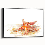 Framed wall art featuring a vibrant starfish design on canvas, showcasing intricate marine life details in a contemporary black frame, ideal for coastal decor.