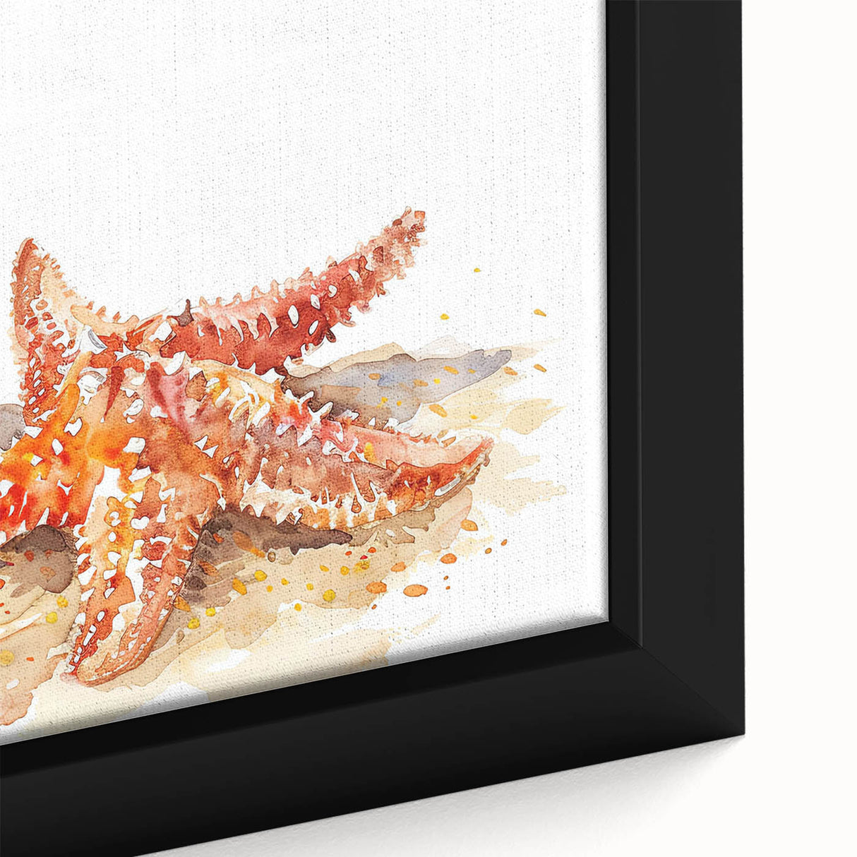 Close-up view of a framed canvas wall art piece showcasing a vibrant starfish design, featuring intricate textures and marine life colors, perfect for coastal decor.