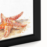 Close-up view of a framed canvas wall art piece showcasing a vibrant starfish design, featuring intricate textures and marine life colors, perfect for coastal decor.