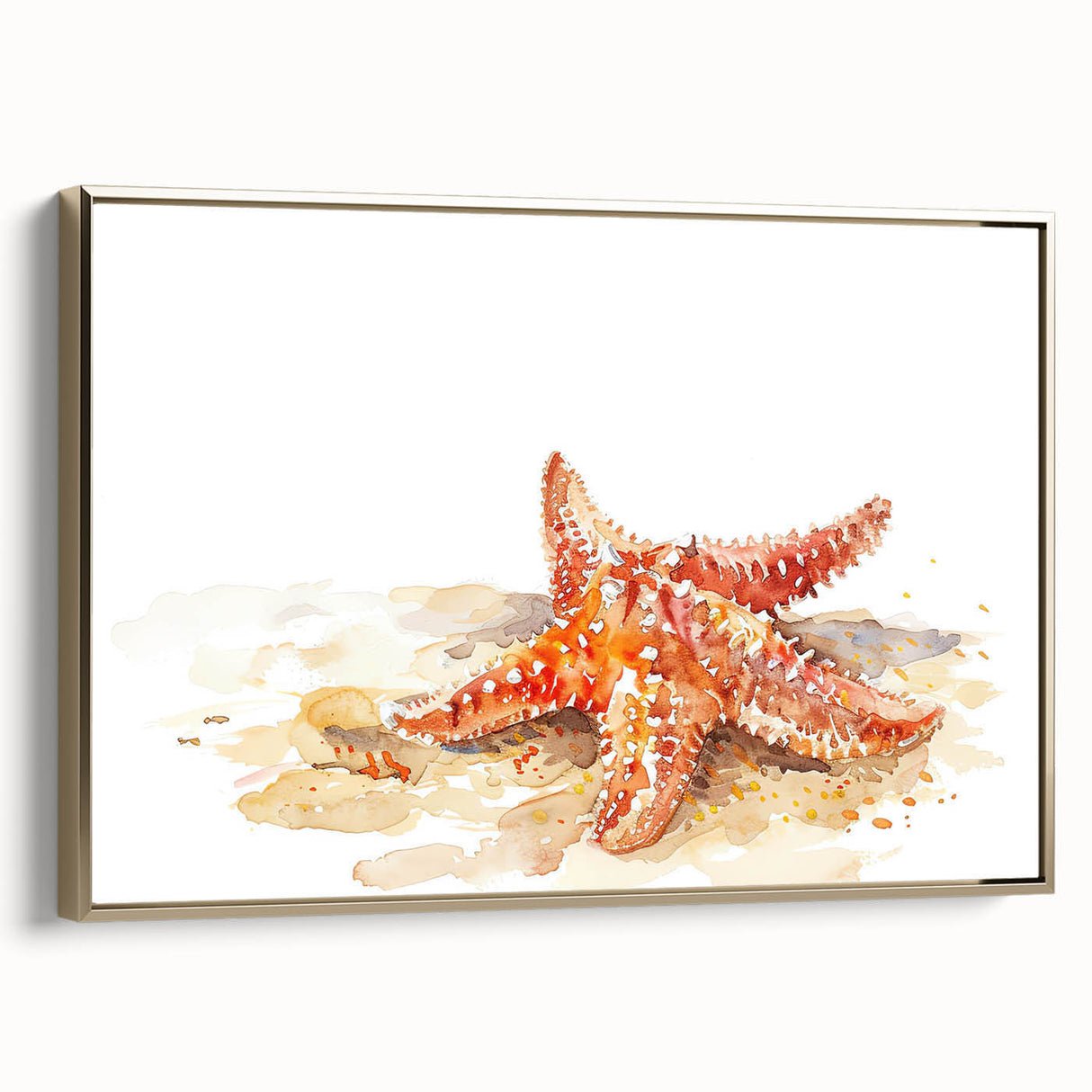 Framed canvas wall art showcasing a vibrant marine life design featuring a starfish, elegantly displayed with gold accents, perfect for ocean-themed decor.