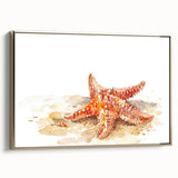Framed canvas wall art showcasing a vibrant marine life design featuring a starfish, elegantly displayed with gold accents, perfect for ocean-themed decor.