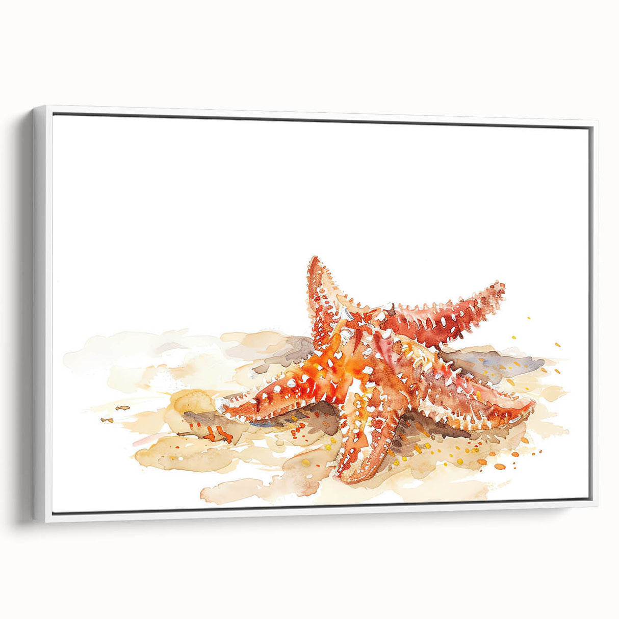 Framed canvas wall art featuring a vibrant marine life starfish design, showcasing a white background and sleek side view, perfect for coastal-themed decor.