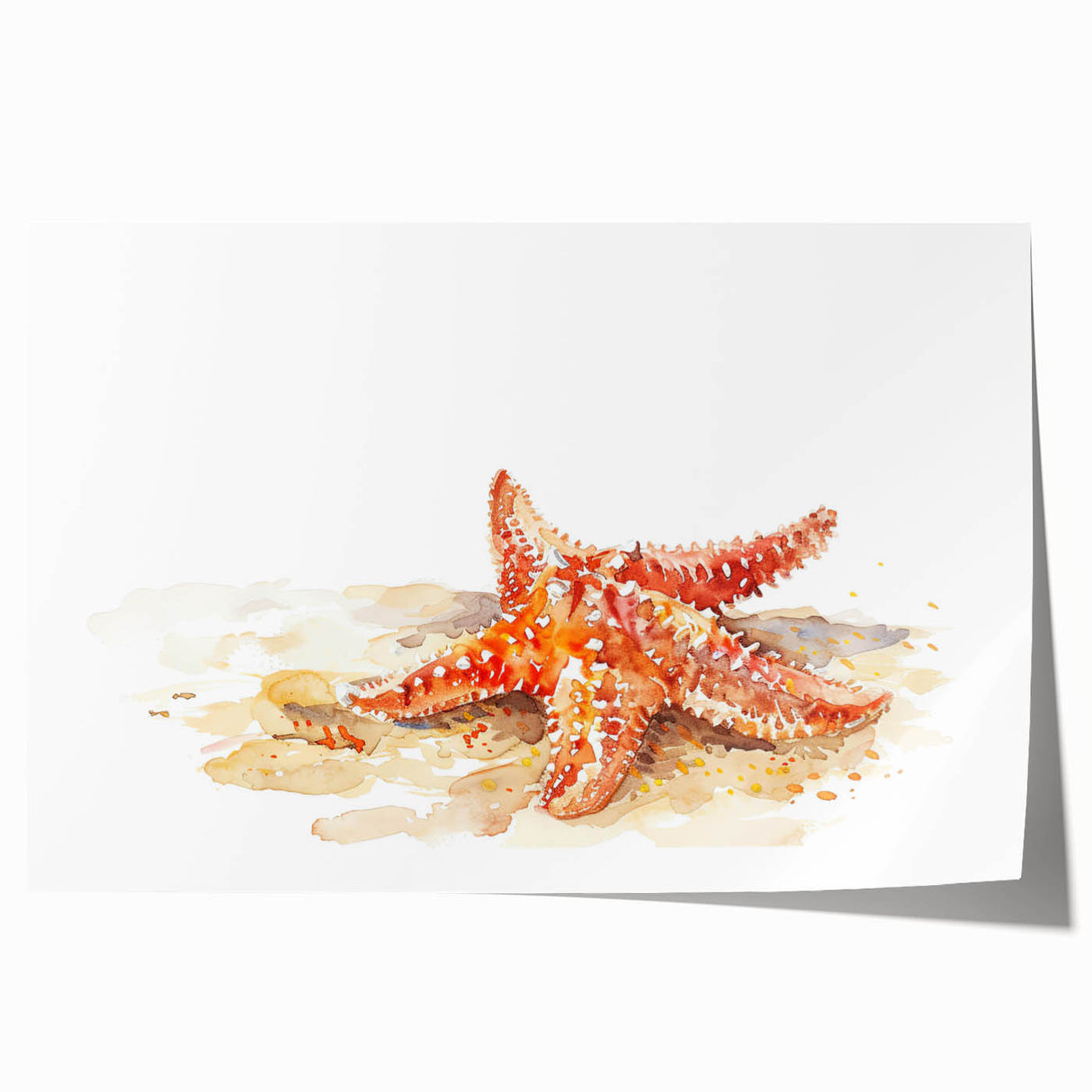 Vibrant marine life wall art featuring a colorful starfish design on a rolled print, ideal for ocean-themed decor and coastal-inspired interiors.