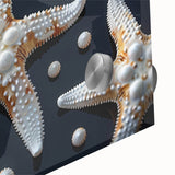 Close-up of a starfish wall art design featuring vibrant marine life colors, displayed on sleek acrylic glass, ideal for ocean-themed decor or marine enthusiasts.