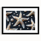 Black-framed wall art showcasing a vibrant starfish design, part of a marine life collection, presented with a white mat for an elegant finish.