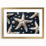 Framed wall art featuring a vibrant marine life starfish design in gold, set against a soft blue background, ideal for coastal decor enthusiasts.