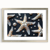 Framed wall art featuring a silver border showcasing a vibrant starfish design, perfect for marine-themed decor, enhancing coastal aesthetics in any room.