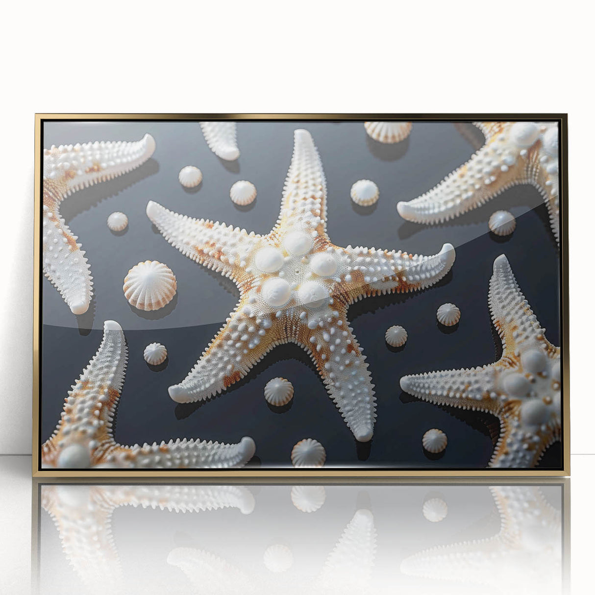 Framed wall art featuring a vibrant marine life design with a starfish motif, set in an elegant gold frame, perfect for coastal-themed decor.