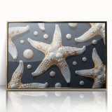 Framed wall art featuring a vibrant marine life design with a starfish motif, set in an elegant gold frame, perfect for coastal-themed decor.