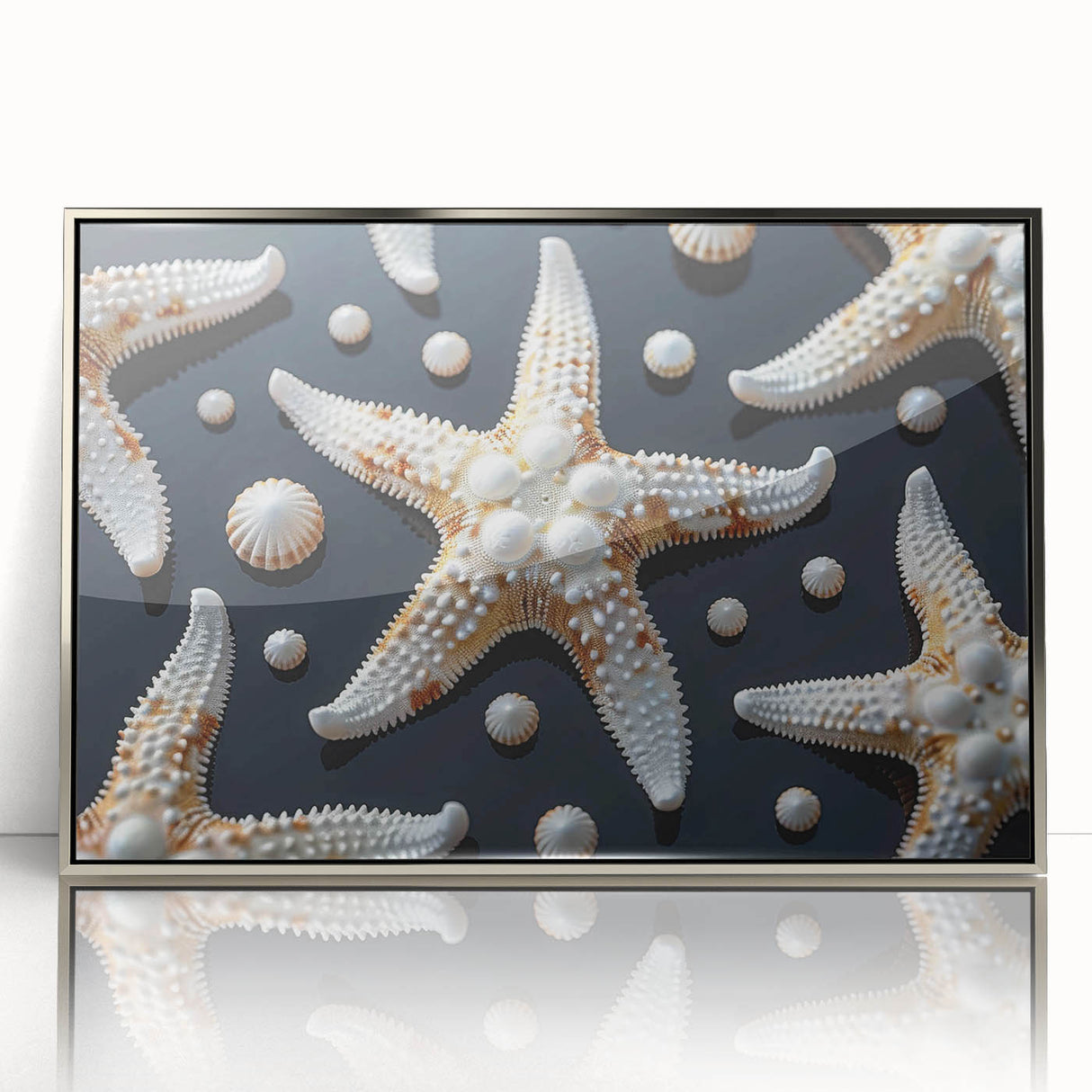 Framed acrylic wall art featuring a vibrant starfish design from the Marine Life collection, showcasing intricate details and a sleek silver frame, ideal for ocean-themed decor.