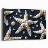 Framed canvas wall art showcasing a vibrant starfish design, featuring a black frame and side view perspective, perfect for marine-themed decor.