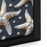 Close-up of a vibrant starfish design on framed marine life wall art, showcasing intricate details and bright colors, perfect for coastal-themed decor.