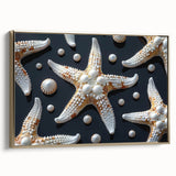 Framed canvas wall art showcasing a vibrant starfish design with gold accents, ideal for marine-themed decor, enhancing coastal and beach-inspired interiors.
