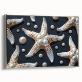 Framed canvas wall art featuring a detailed starfish design in vibrant colors and silver frame, perfect for marine-themed decor in coastal settings.
