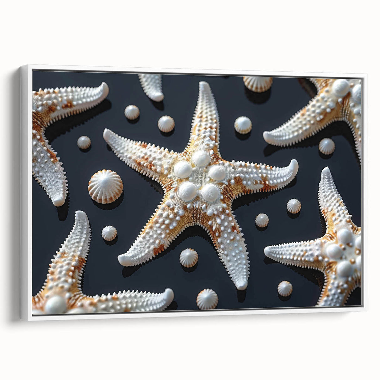 Framed wall art showcasing a vibrant starfish design on canvas, set against a white background. This marine life piece adds a coastal touch to home decor.