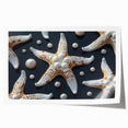 Colorful marine life wall art print showcasing a vibrant starfish design against a blue background, ideal for ocean-themed decor and coastal aesthetics. Perfect for enhancing living spaces or beach houses with a touch of aquatic charm.