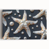 Vibrant starfish design on stretched canvas wall art, showcasing intricate marine life details in bright colors, perfect for coastal decor enthusiasts.