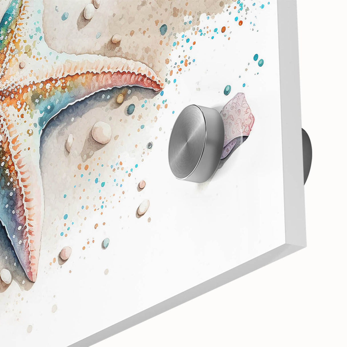 Close-up of a vibrant marine life wall art piece featuring a detailed starfish design on acrylic glass, showcasing intricate textures and colors ideal for ocean-themed decor. This artwork enhances any coastal-inspired space, adding a touch of nature's beauty.