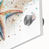 Close-up of a vibrant marine life wall art piece featuring a detailed starfish design on acrylic glass, showcasing intricate textures and colors ideal for ocean-themed decor. This artwork enhances any coastal-inspired space, adding a touch of nature's beauty.