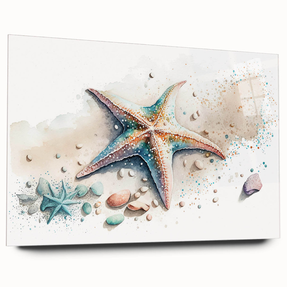 Vibrant acrylic glass wall art showcasing a colorful marine life starfish design, elegantly displayed from the side, perfect for coastal-themed decor.