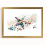 Elegant starfish-themed wall art framed in gold, showcasing intricate marine life design with a mat, perfect for ocean-inspired home decor.