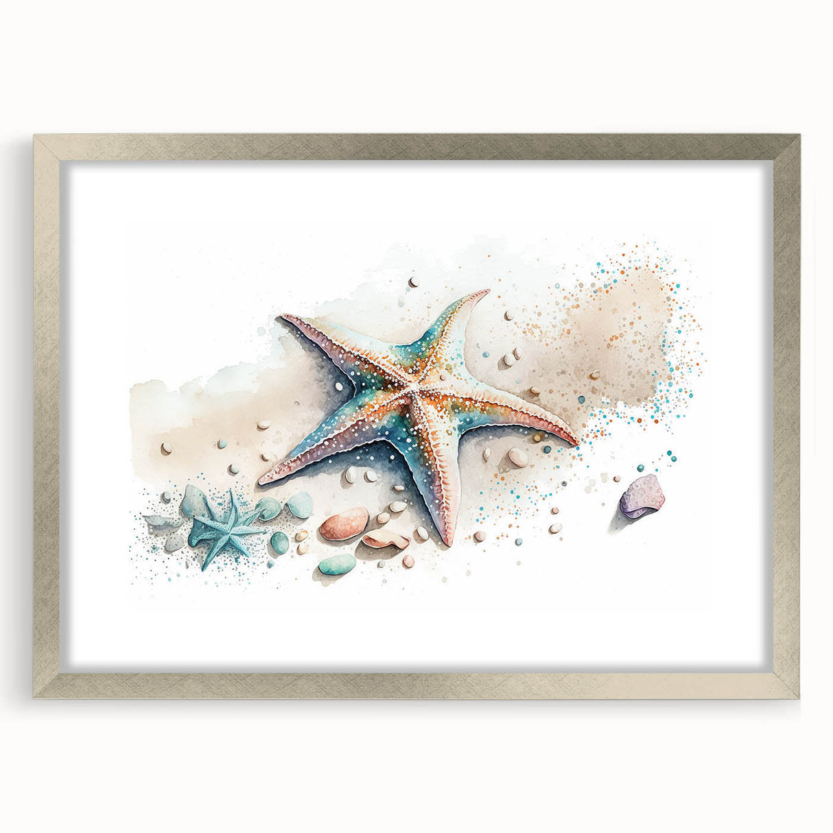 Framed wall art collection featuring a silver mat and intricate starfish design, perfect for marine-themed decor, enhancing coastal living spaces with elegance.