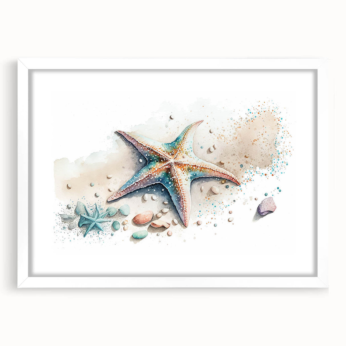Starfish wall art design in a white frame with a mat, showcasing vibrant marine life colors, perfect for coastal-themed home decor, and enhancing ocean-inspired interiors.