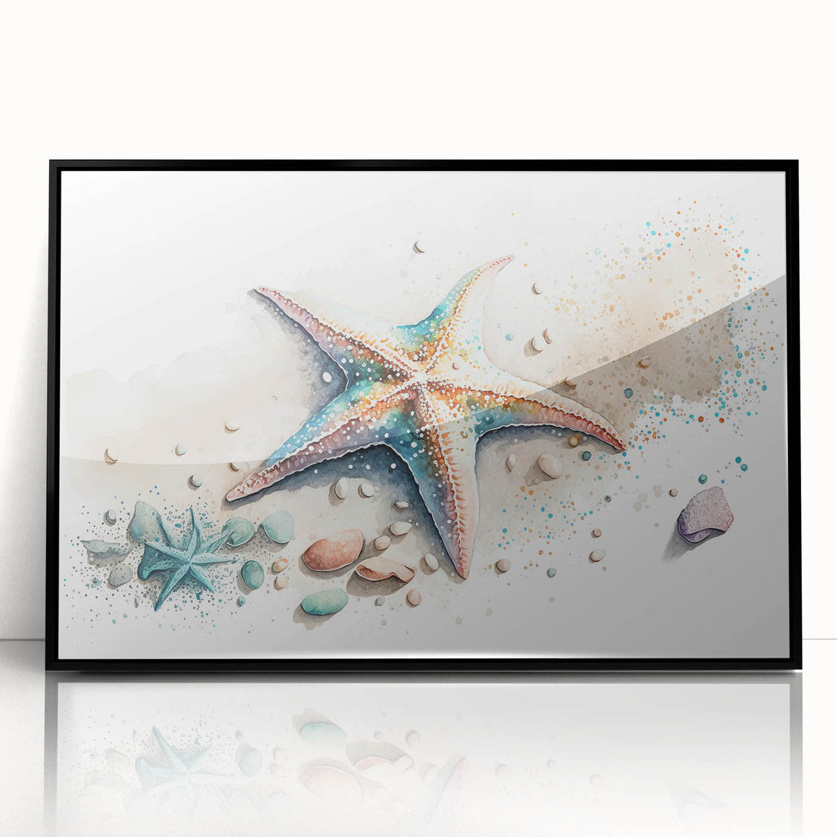 Framed acrylic wall art featuring a vibrant marine life starfish design in a sleek black frame, perfect for coastal-themed home decor. Ideal for aquatic enthusiasts.