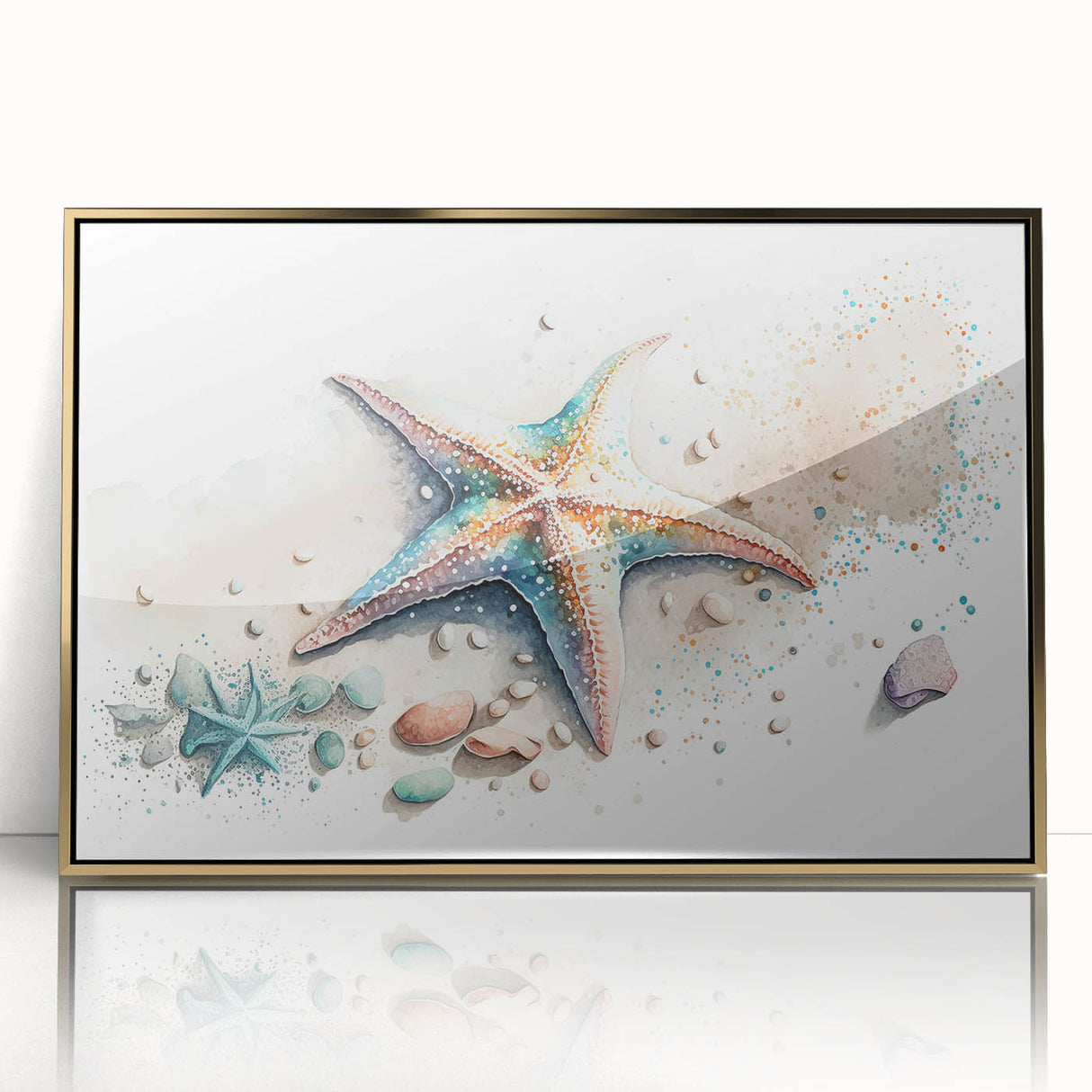 Framed wall art featuring a vibrant marine life design with a starfish motif, elegantly presented in a gold-acrylic frame, perfect for coastal-themed decor.