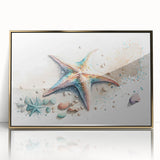 Framed wall art featuring a vibrant marine life design with a starfish motif, elegantly presented in a gold-acrylic frame, perfect for coastal-themed decor.