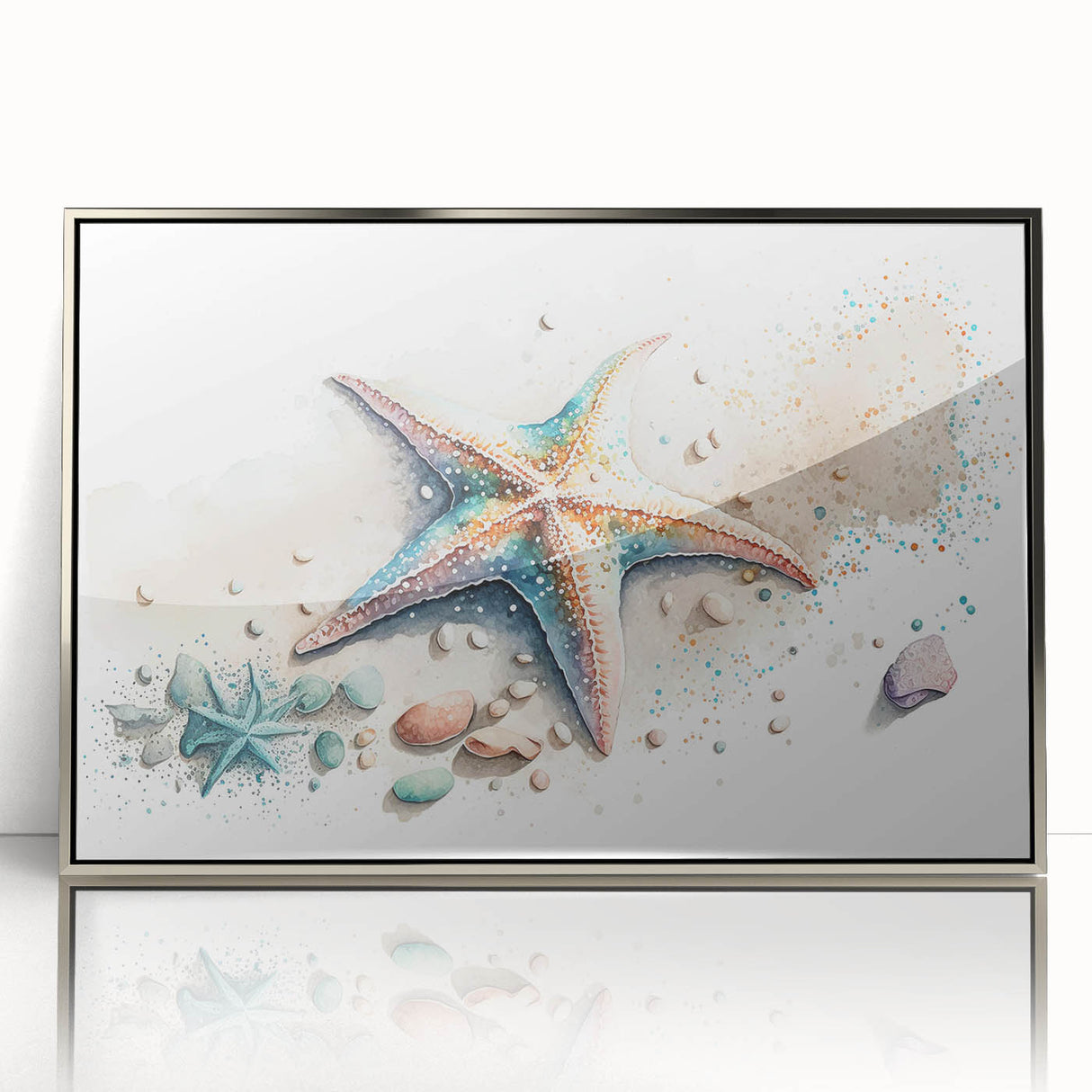 Framed wall art featuring a detailed starfish design in vibrant colors, set in a silver acrylic frame, ideal for marine life decor in coastal-themed interiors.