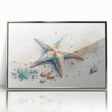 Framed wall art featuring a detailed starfish design in vibrant colors, set in a silver acrylic frame, ideal for marine life decor in coastal-themed interiors.