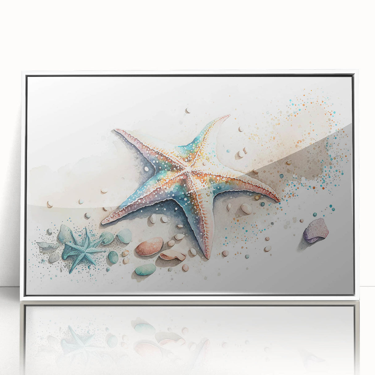 Framed wall art featuring a vibrant marine life starfish design, showcasing a white border and acrylic finish, perfect for coastal-themed decor.