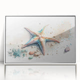 Framed wall art featuring a vibrant marine life starfish design, showcasing a white border and acrylic finish, perfect for coastal-themed decor.