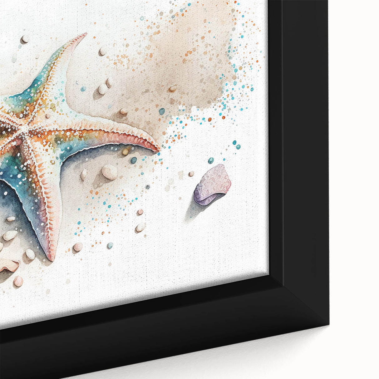 Close-up view of a framed canvas artwork showcasing a vibrant starfish design, highlighting intricate details and bold colors, perfect for marine life decor enthusiasts.
