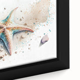 Close-up view of a framed canvas artwork showcasing a vibrant starfish design, highlighting intricate details and bold colors, perfect for marine life decor enthusiasts.
