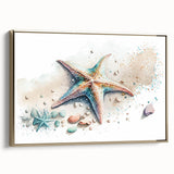Framed canvas wall art showcasing a vibrant marine life starfish design with gold accents, ideal for coastal decor, adding a touch of elegance to any room.