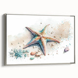 Framed canvas wall art showcasing a vibrant starfish design in marine life theme, featuring a sleek silver frame, perfect for coastal decor enthusiasts.