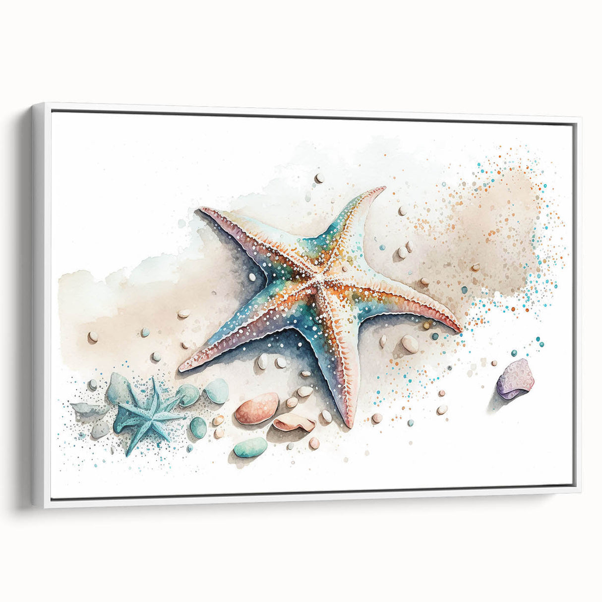 Framed canvas wall art featuring a vibrant starfish design in marine colors, set against a white background, ideal for coastal-themed decor and ocean lovers.