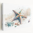 Stretched canvas wall art featuring a vibrant starfish design in marine colors, showcasing intricate details and textures, perfect for coastal decor.