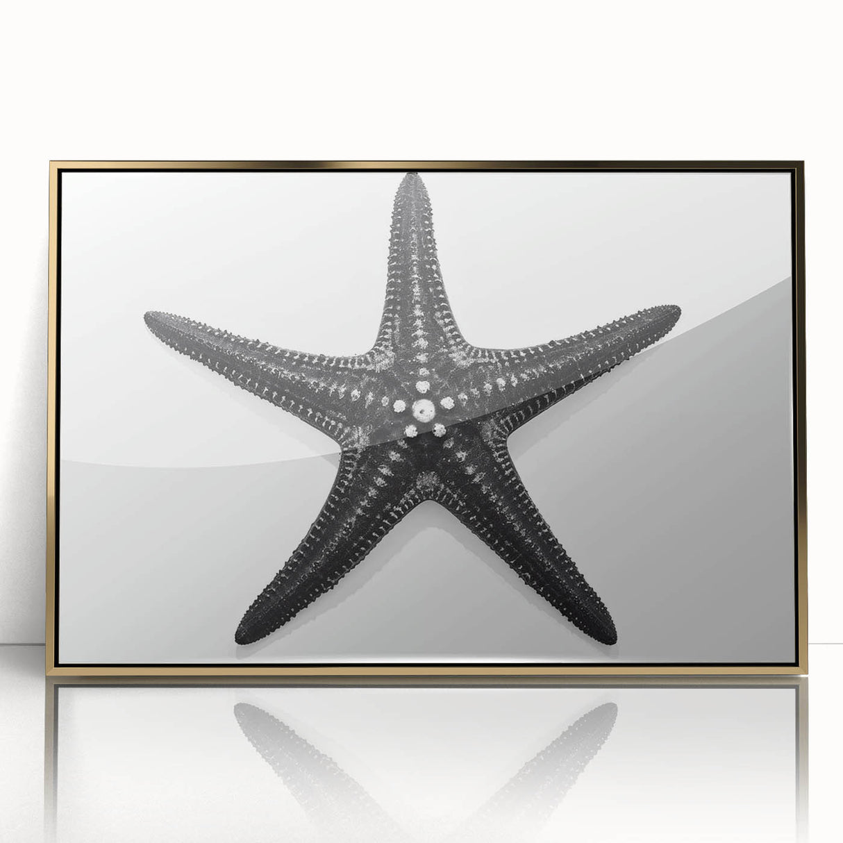 Framed wall art featuring a vibrant starfish design in acrylic with a gold frame, showcasing marine life elements for a coastal-themed decor. Perfect for beach-inspired interiors.