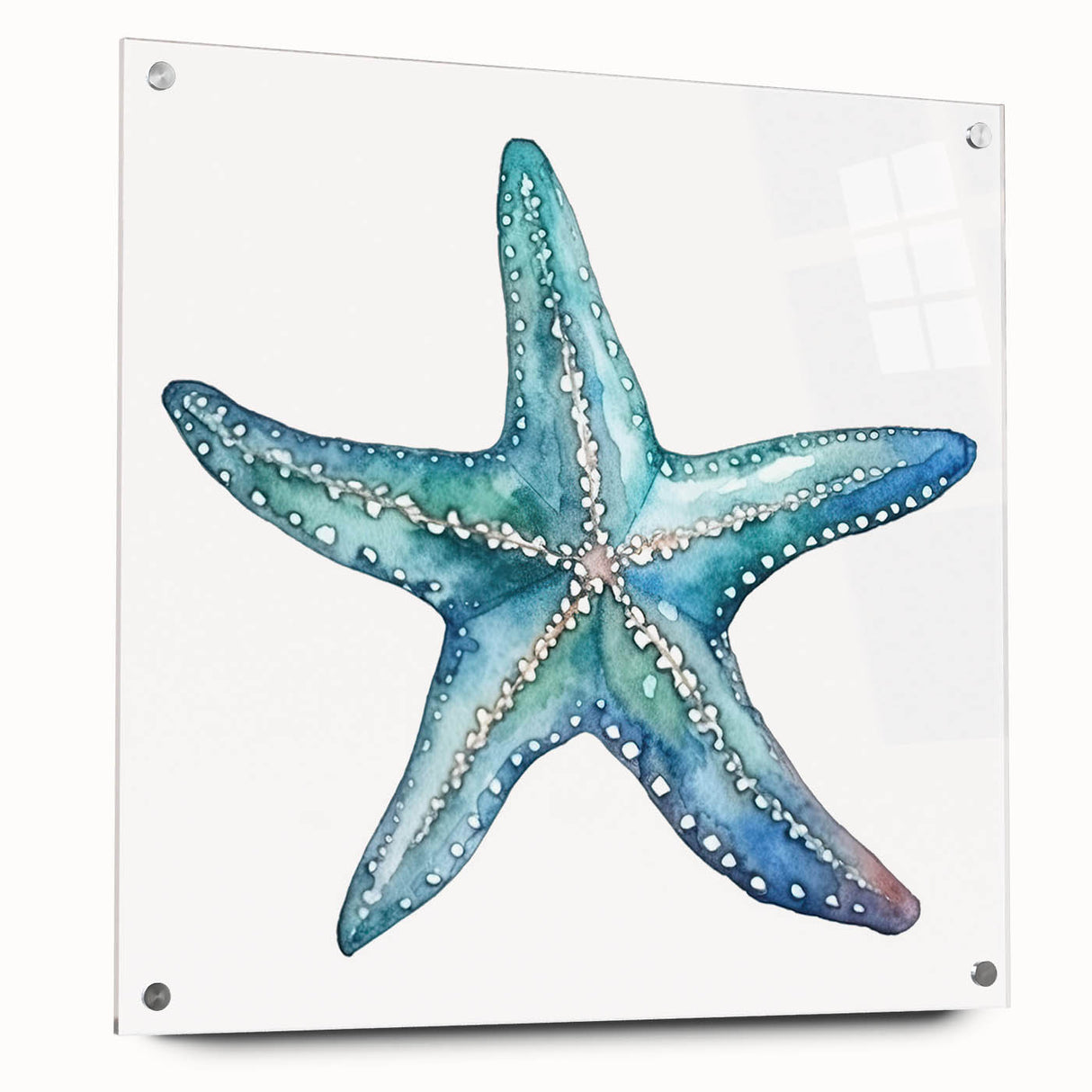Colorful marine life starfish wall art collection displayed in a side view, showcasing intricate designs on acrylic glass with stylish pins for easy hanging. Perfect for ocean-themed decor enthusiasts.